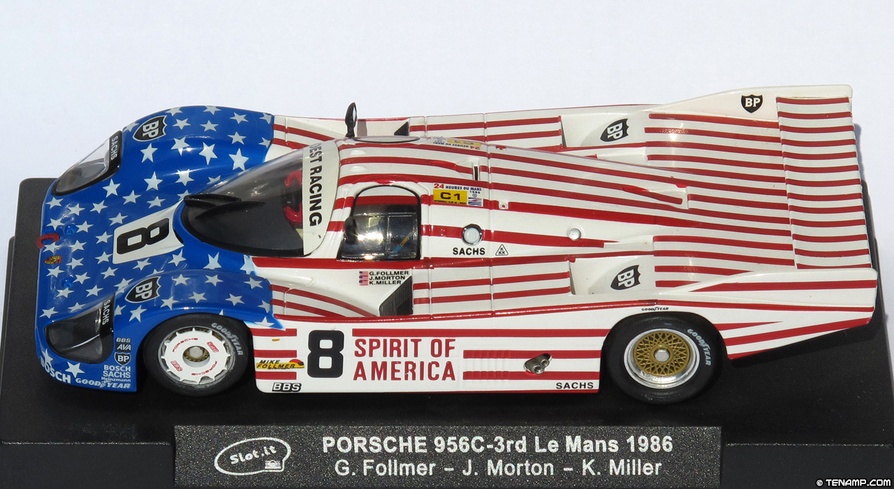 Slot.it CA02C Porsche 956 - #8 Spirit Of America. Joest Racing: 3rd place, Le Mans 24 Hours 1986. George Follmer / John Morton / Kenper Miller